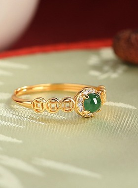 『财源滚滚』高仿天然翡翠戒指轻奢铜币蛋面百搭食指戒女神节礼物