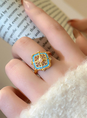 正宗新中式沙金花丝珐琅四合如意珍珠戒指女小众设计高级感国风食