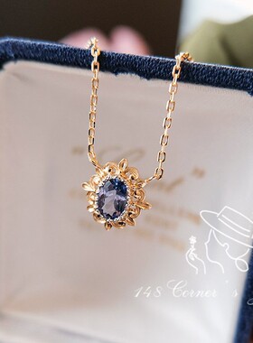 新款复古气质小众设计镂空花边天然坦桑石吊坠设计镀金锁骨链