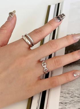S925纯银女戒指小众设计极简扭纹双层戒指做旧质感猪鼻食指戒指潮