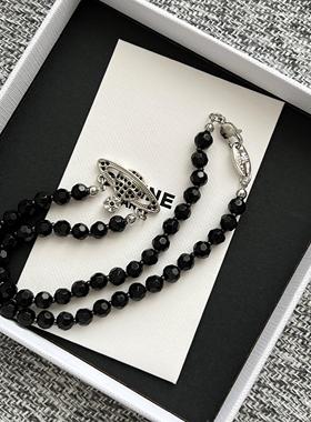 西太太土星黑色水晶项链个性黑暗系朋克法式精致锁骨链高级感网红