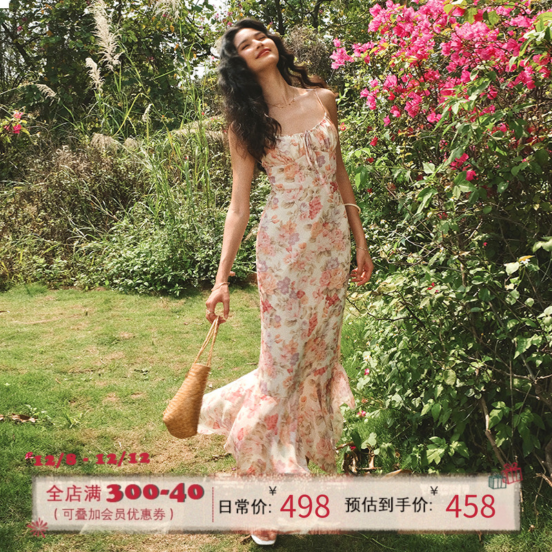 ITSNIKAR法式黑色蝴蝶连衣裙女春夏碎花吊带裙设计感鱼尾长款裙子 - 图0