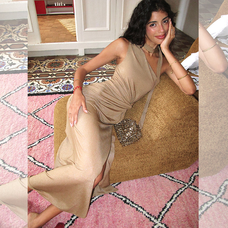 ITSNIKAR棕色斜肩连衣裙女秋收腰扭结针织长裙性感一字肩闪片裙子,淘宝优惠券,粉丝福利购,淘宝优惠卷