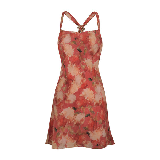 ITSNIKAR retro red floral dress for women summer sexy halter neck halter skirt seaside backless vacation skirt