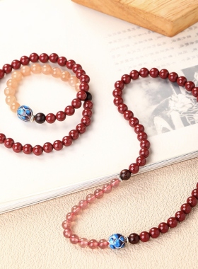 天然朱砂草莓晶太阳石双圈手串女轻奢高级感帝王砂水晶手链饰礼物