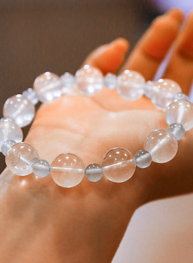 粉雾海蓝天然冰透粉水晶海蓝宝手串女简约转运串珠手链饰朋友礼物