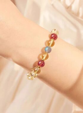 新中式招财黄水晶手串女款天然草莓晶月光石转运珠手链饰朋友礼物