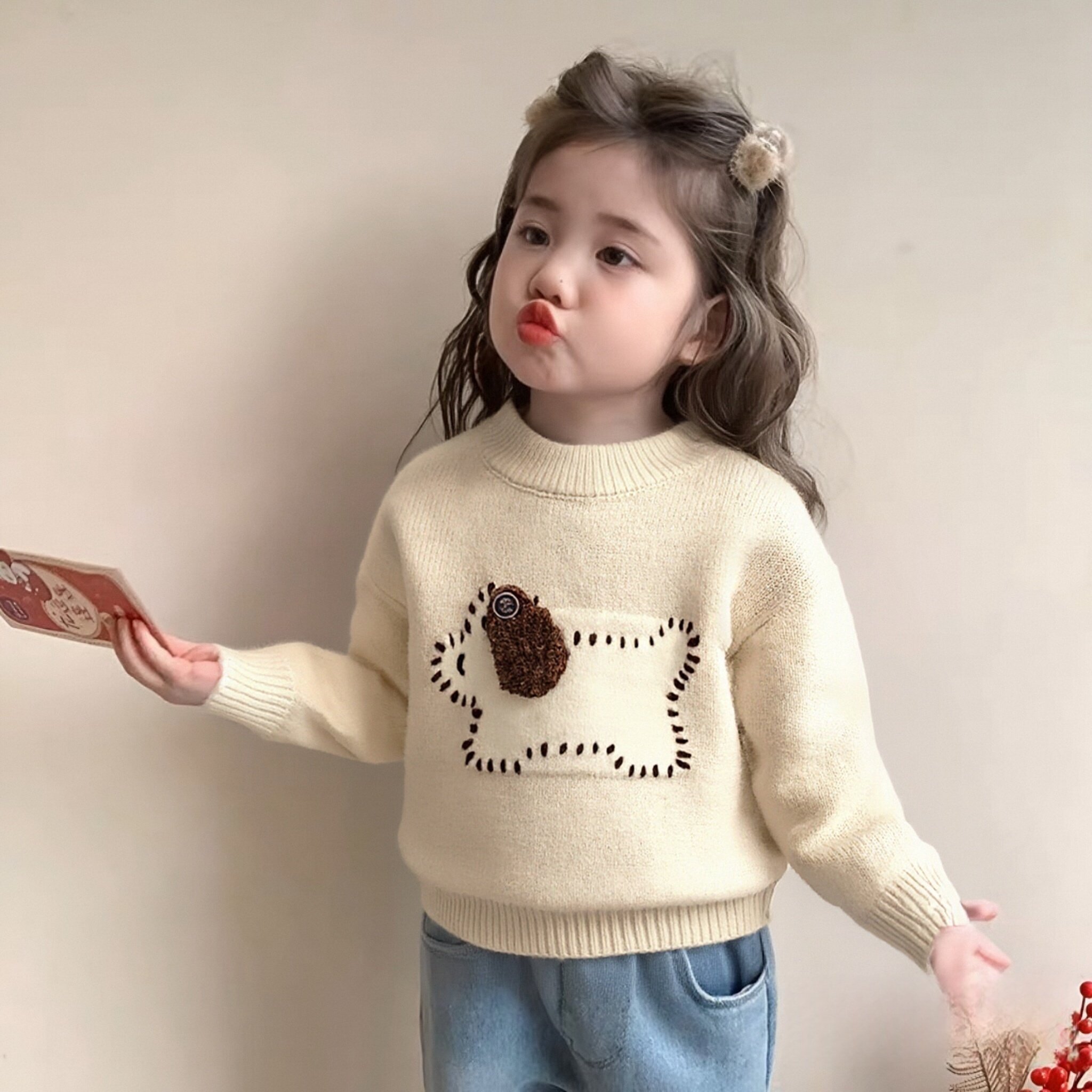 女童加厚毛衣2025秋冬新款洋气男宝宝小狗红色针织打底衫儿童保暖,淘宝优惠券,粉丝福利购,淘宝优惠卷