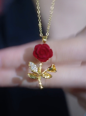 金色玫瑰花枝吊坠项链轻奢小众
