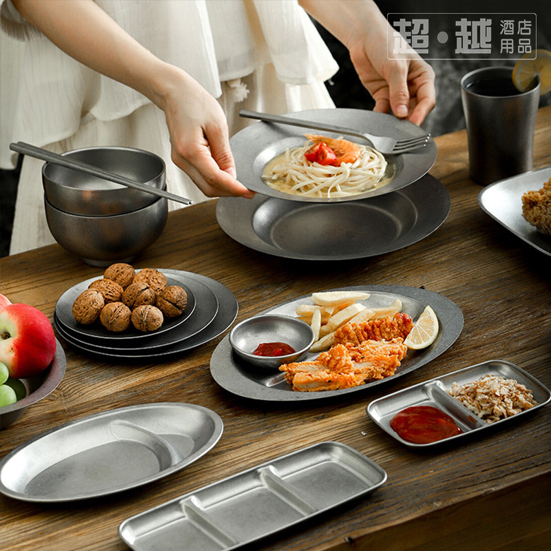 韩式复古304不锈钢餐碟酱料碟骨碟味碟商用火锅店台面餐具套装_虎窝淘