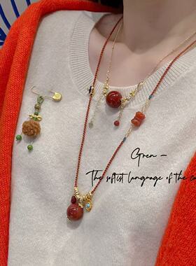 大颗南红玛瑙红翡双链配件流苏红色项链编织毛衣链精致百搭显白