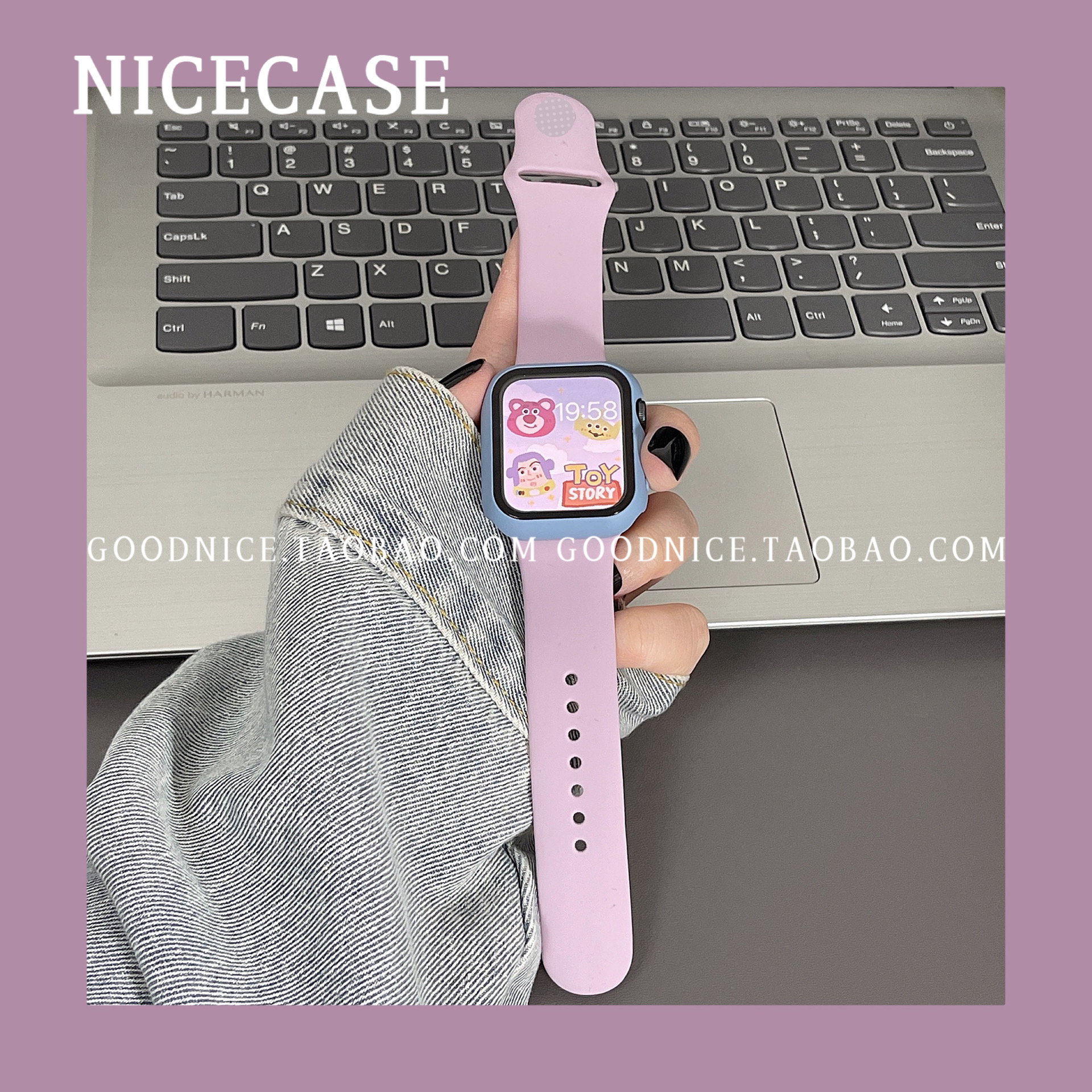 ins小众薰衣草紫表带适用苹果iwatch87654代SE硅胶Ultra天蓝表壳-图1