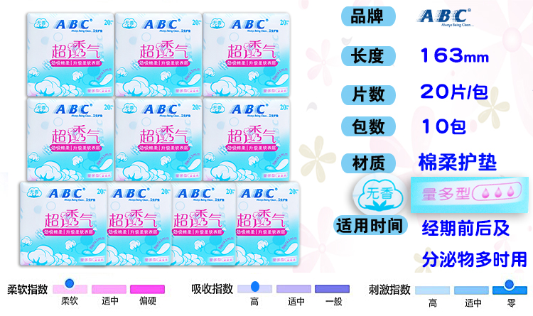 正品ABC劲吸棉柔亲肤超透气无香味量多型卫生小护垫200片组合包邮 - 图0