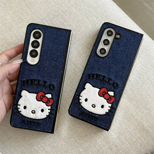 韩系ins刺绣牛仔布卡通少女猫咪适用三星FOLD7手机壳fold5/4折叠屏W23/W24外壳ZFLIP6防摔zflip5/4/3保护套女 - 图3