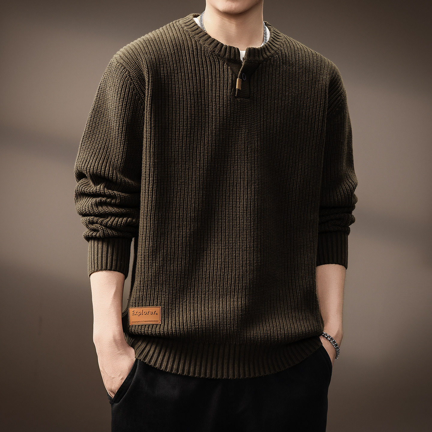 高端美式复古单扣亨利领毛衣男秋冬宽松加厚保暖竖条纹打底针织衫,淘宝优惠券,粉丝福利购,淘宝优惠卷