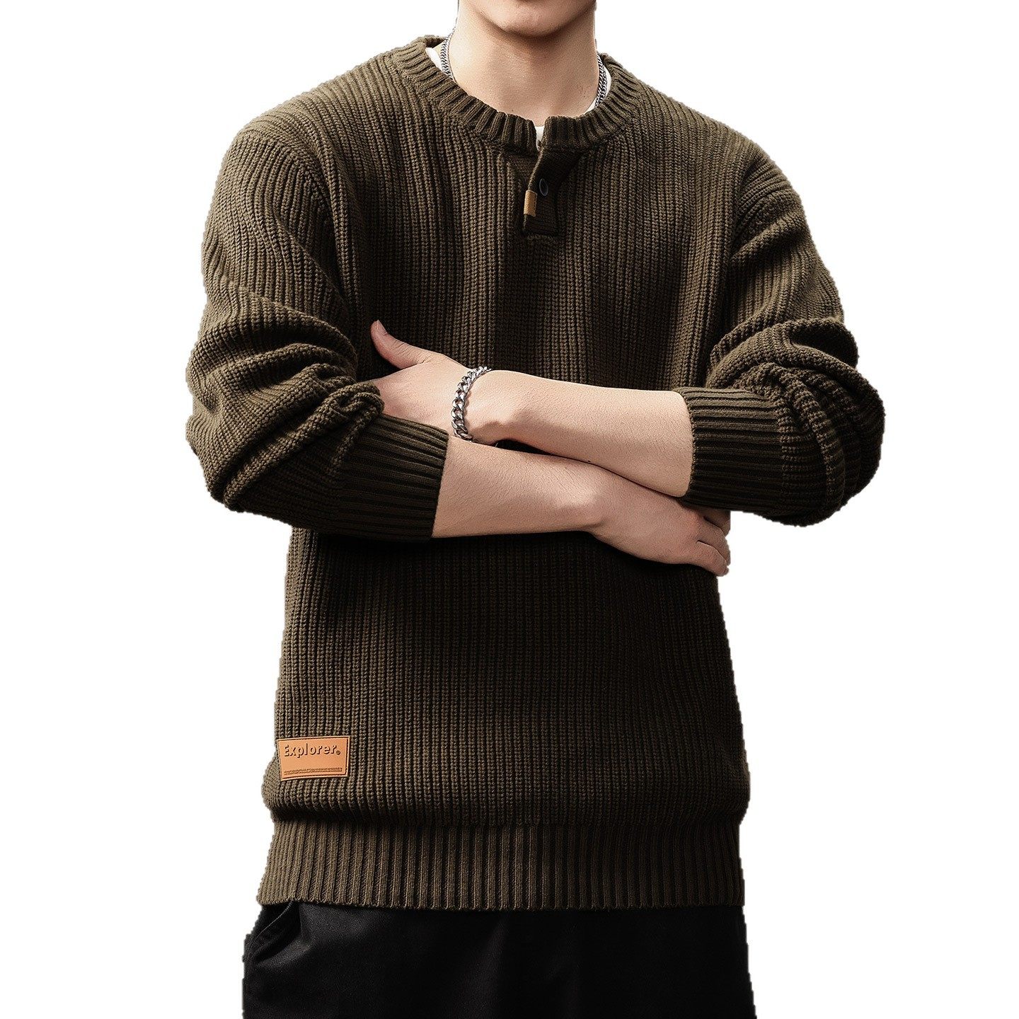 高端美式复古单扣亨利领毛衣男秋冬宽松加厚保暖竖条纹打底针织衫,淘宝优惠券,粉丝福利购,淘宝优惠卷