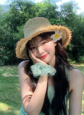 夏季海边沙滩百搭编织毛边帽子