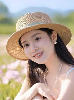 法式平顶草帽女2025新款海边度假防晒帽防紫外线草编女遮阳帽礼帽