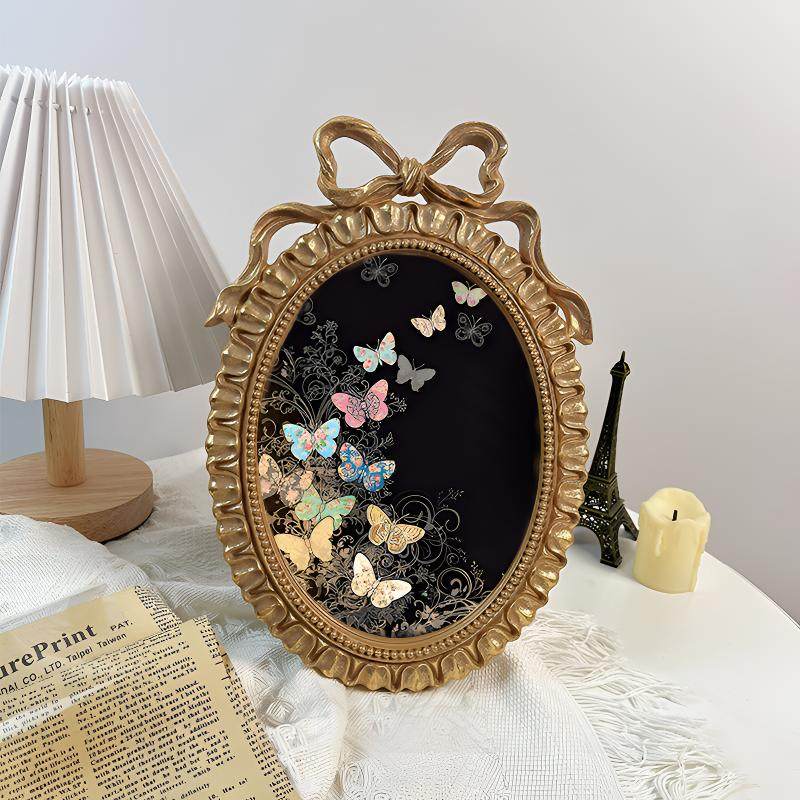 法式金色复古蝴蝶结相框浮雕画框椭圆形桌面摆件背景墙装饰画挂画,淘宝优惠券,粉丝福利购,淘宝优惠卷