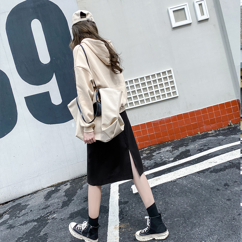 黑色秋冬新款高腰开叉遮胯直筒裙子 然可服饰半身裙