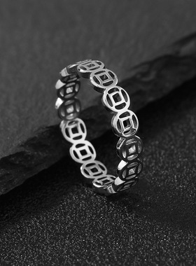 不锈钢饰品 镂空招财铜钱转运食指钛钢戒指 几何个性复古情侣戒指