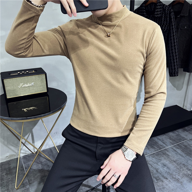 矮个子小码男装秋冬纯色加厚德绒半高领长袖t恤S号XS码修身打底衫 - 图0