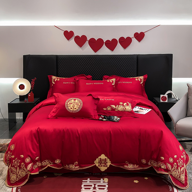 销中式高端婚庆四件套结婚床上用品新婚房喜被陪嫁大红色被套床新 - 图2