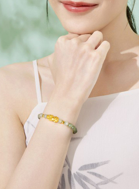 千年珠宝黄金貔貅手链女999足金转运珠3D硬金和田玉皮丘手串新款