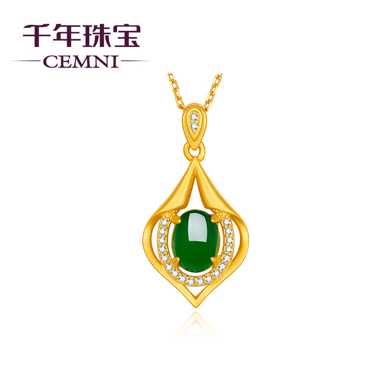 cemni /千年吉祥金镶玉吊坠女项链 cemni千年珠宝项链