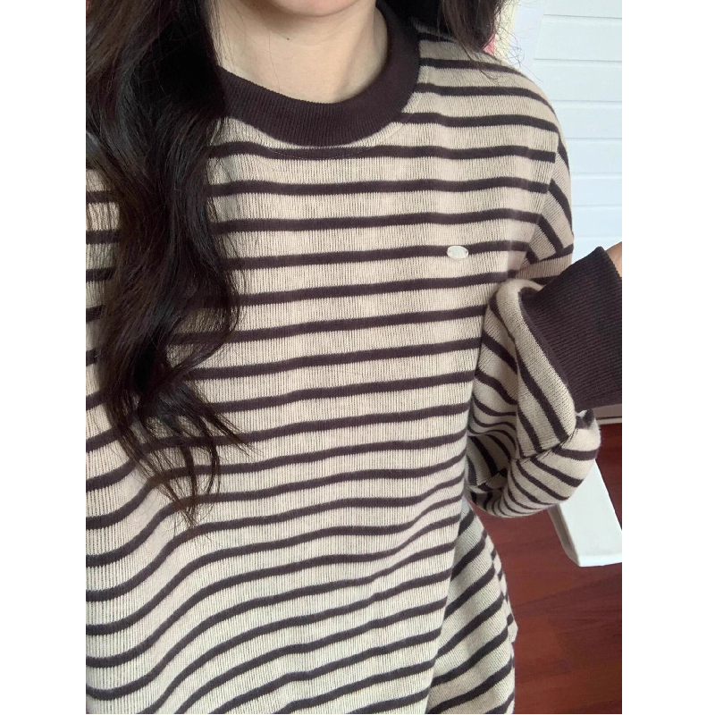 清仓捡漏~复古条纹无帽卫衣女秋冬季加厚宽松慵懒风长袖上衣外套 - 图2