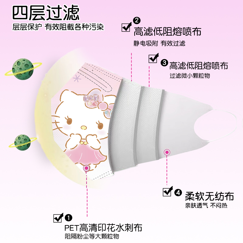 凯蒂猫儿童口罩3到6岁秋冬kn95一次性3D立体小孩女童专用5-8-10岁