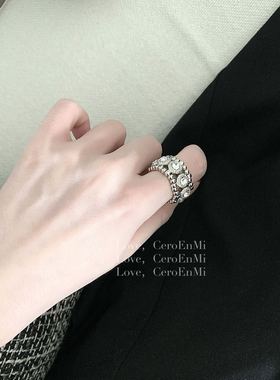 如蝶在野 纯手工串珠镶嵌锆石设计款可伸缩弹力镀白金时尚戒指女