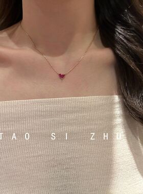 如蝶在野 斩男小心机玫红爱心项链高级感轻奢精致小众甜美锁骨链