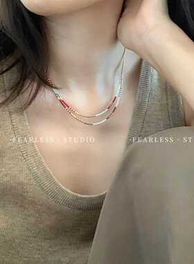 如蝶在野 新中式复古串珠项链 小众民族风彩色米珠叠戴锁骨链女