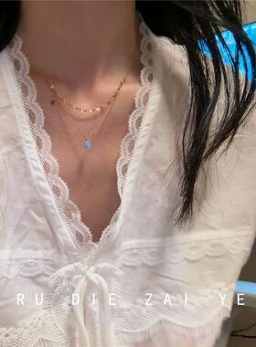 如蝶在野 不掉色！蓝色泪滴双层流苏精致百搭清冷感显白锁骨链