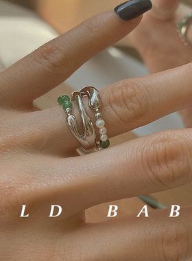 如蝶在野 玉绿色开口戒指环女ins小众设计复古简约多层天然石珍珠