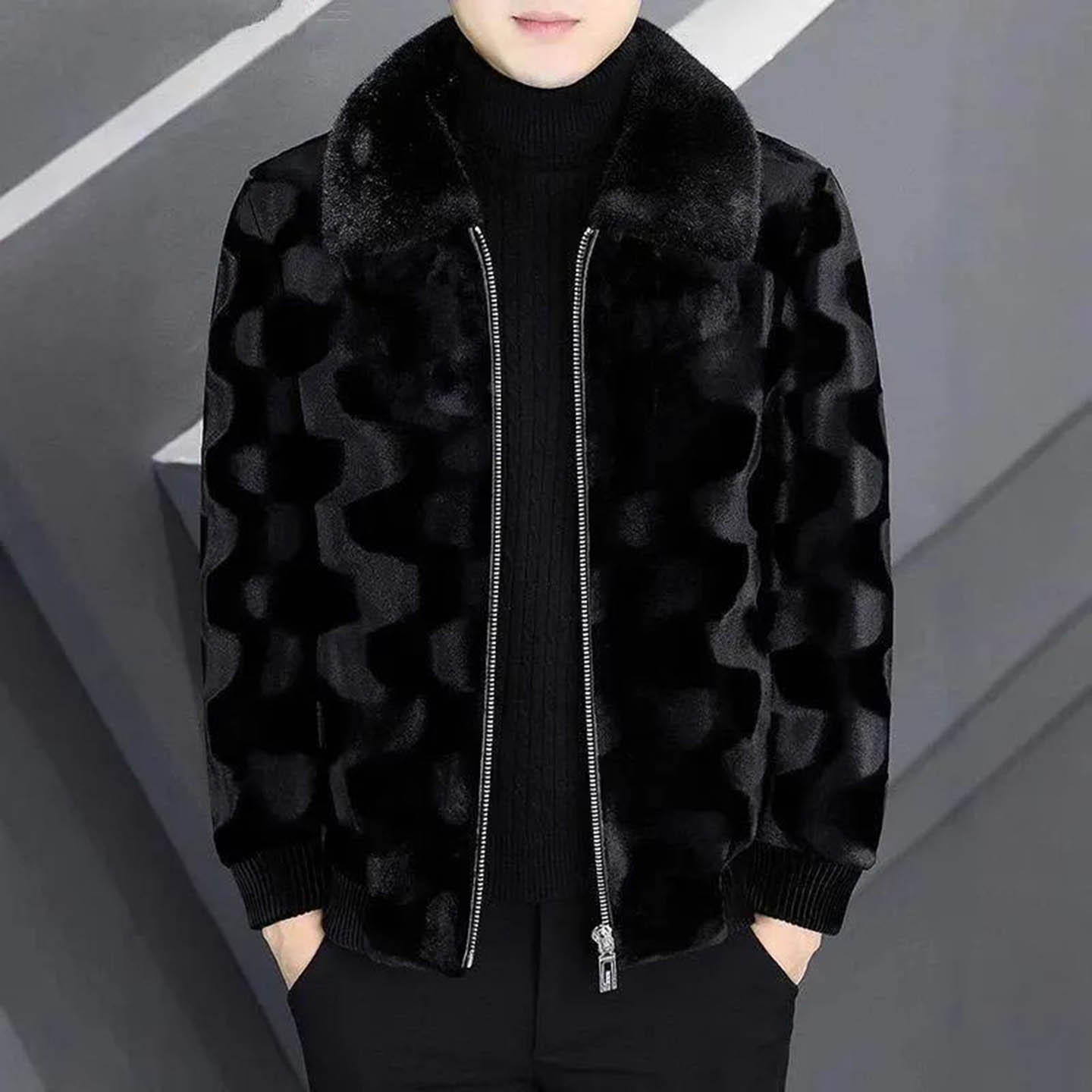 临蔡男装高端冬季男士皮草外套加绒加厚翻领夹克皮毛一体保暖上衣 - 图0