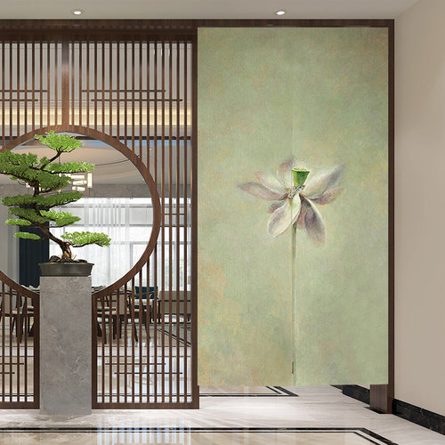 复古荷花中式玄关入户布艺门帘家用卧室隔断帘厕所遮挡帘厨房挂帘 - 图0