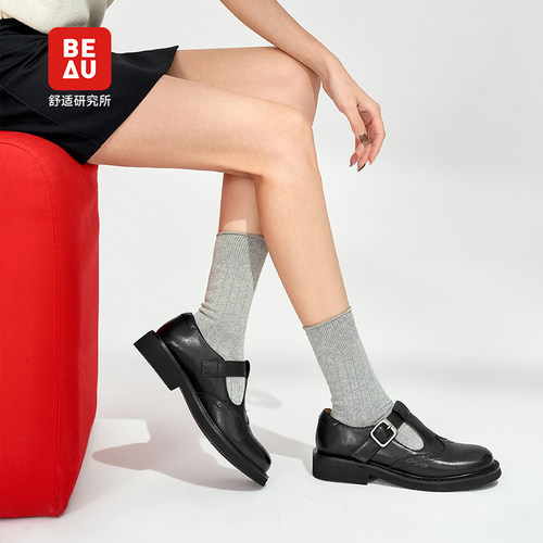 BEAU黑色羊皮T字玛丽珍鞋女厚底小皮鞋复古乐福鞋 - 图1