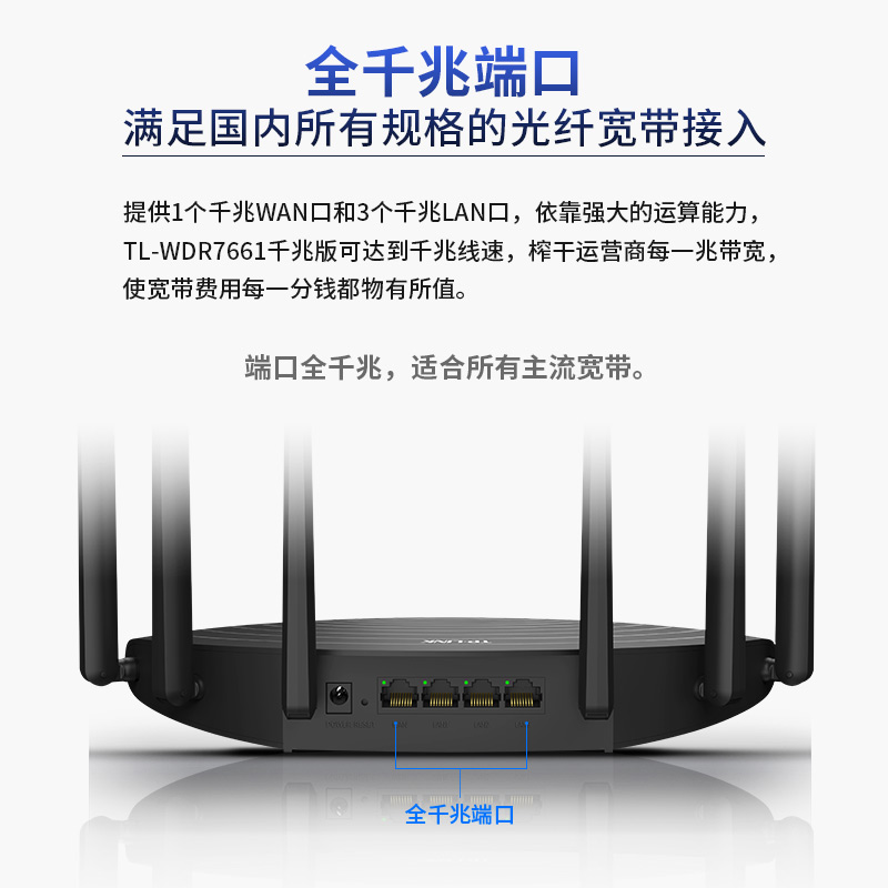 TP-LINK全千兆端口AC1900M无线路由器WIFI电信移动宽带光纤家用穿墙高速Mesh普联5G双频TL-WDR7661千兆版-图2