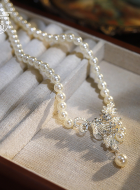 新款宫廷风vintage复古水滴吊坠双层珍珠项链新娘锁骨链耳环套装