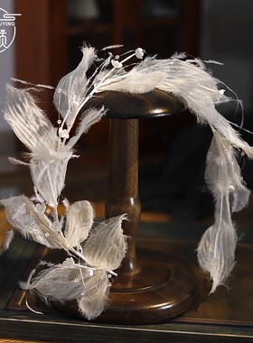 优颖新款超仙手工烫花白色叶片串珠新娘花环头饰森系白纱旅拍配饰