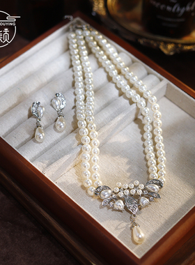 新款复古双层珍珠项链优雅choker锁骨链耳环套装新娘婚纱礼服配饰