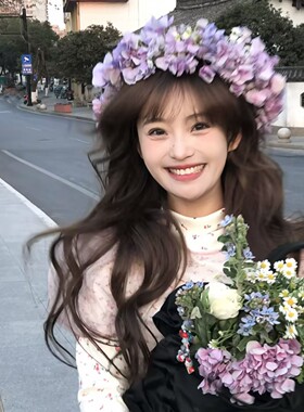 新款粉紫色花环新娘发箍头饰森系甜美结婚纱礼服海边外景拍照发饰