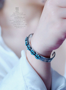 No.368 Lucky Brand 合金镀纯银金属雕刻松石绿复古雏菊开口手镯