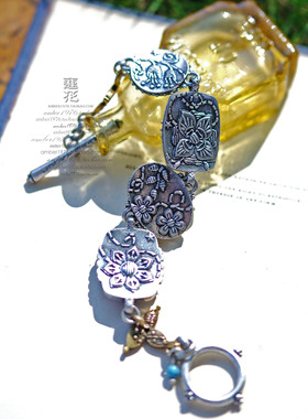 No.391 Lucky Brand 复古而迷人 浮雕宝石镶嵌旧感镀银木质手链