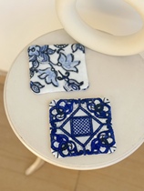 Shop Owner Custom Handmade Work Green Flower Porcelain Series Cup Cushion Pure Cotton Embroidery Mesh Yarn Bowl Mat Finished Chinese