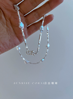 日出珊瑚 925纯银碎银子天然项链异形炫彩满天星锁骨链切面颈链