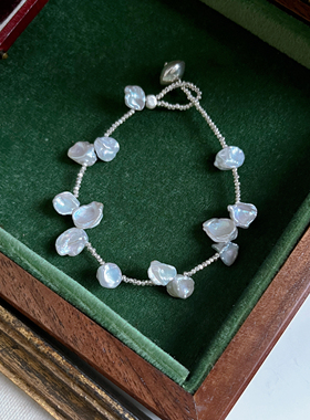 清迈切面细隔珠925纯银手链天然淡水珍珠银蓝光花瓣手串仙气十足