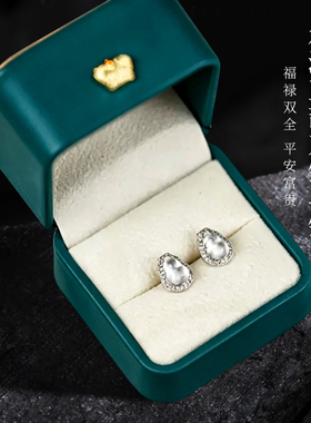 s925纯银新中式国风水沫玉葫芦耳钉女镶钻耳环百搭